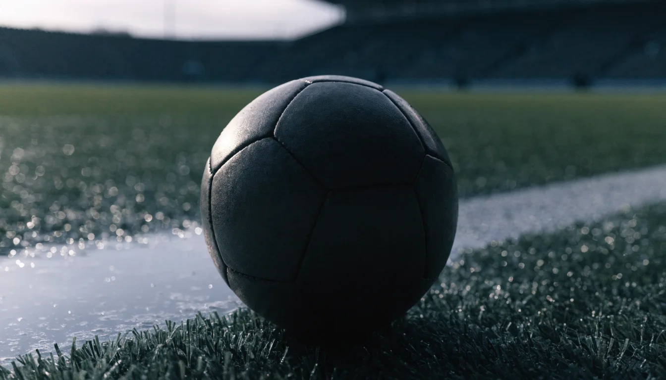 Ein Fussball liegt auf nassem Kunstrasen neben einer weissen Linie, Pfützen spiegeln den Himmel.