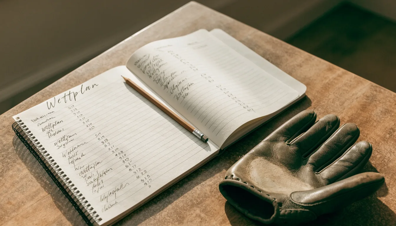 Ein aufgeschlagenes Notizbuch mit handgeschriebenen Notizen und ein Bleistift liegen auf einem Holztisch neben einem abgegriffenen Baseballhandschuh.