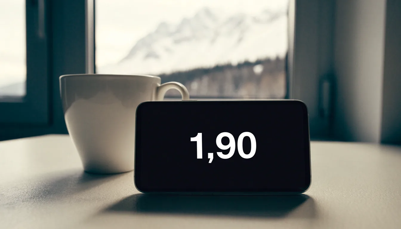 Ein Smartphone mit dunklem Bildschirm liegt auf einem hellen Schreibtisch neben einer Tasse, durch das Fenster dahinter sieht man eine Bergkette.