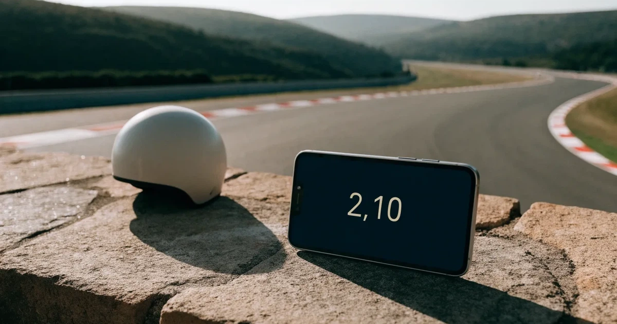 Eine leere Rennstrecke mit rot-weissen Randsteinen im Morgenlicht, im Hintergrund sanfte Hügel und ein einzelner Motorradhelm auf einer niedrigen Mauer.