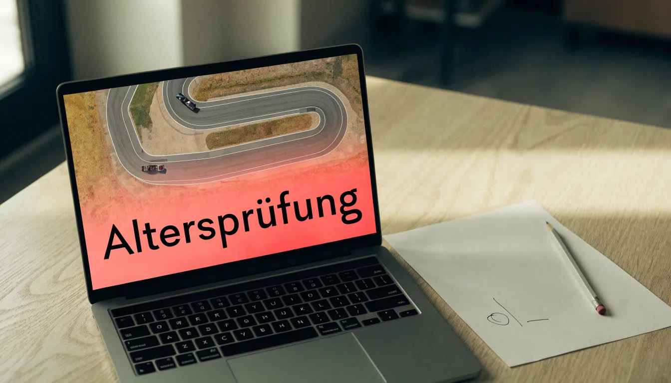 Eine Rennstrecke aus der Ferne zwischen Weinbergen und einer Bergkette, Dunst liegt am frühen Morgen über dem Asphalt.