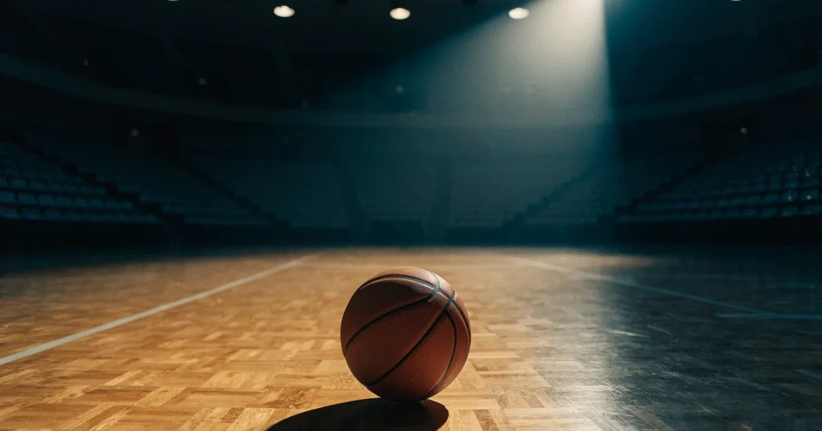 Ein orangefarbener Basketball liegt auf dem Parkett einer leeren Halle unter hellem Flutlicht, die Tribünen sind dunkel.