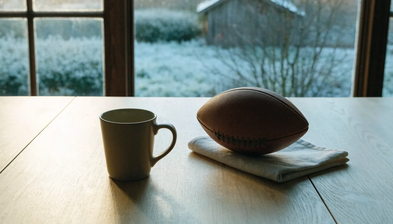 Ein Kaffeebecher und ein Football stehen auf einem Küchentisch am Morgen, durch das Fenster sieht man einen Garten mit Raureif.
