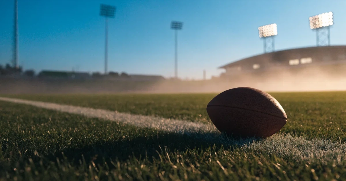 Ein ovaler Football liegt auf frisch gemähtem Rasen neben einer weissen Linie, im Hintergrund stehen leere Flutlichtmasten im Abendlicht.