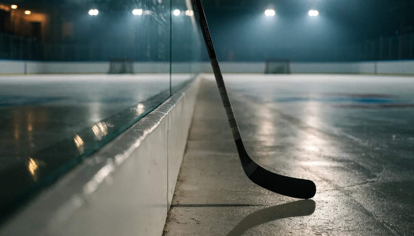 Ein Eishockeyschläger lehnt an der Bande, in der Ferne liegt die hell beleuchtete Eisfläche einer Halle unter Flutlicht.