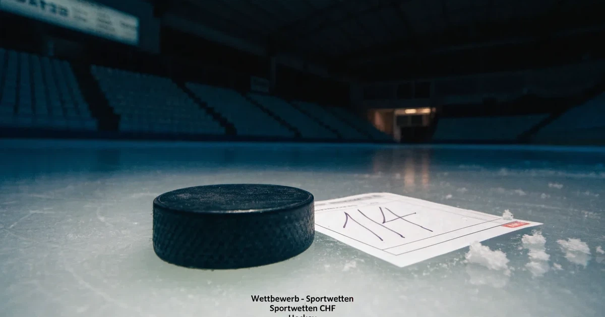 Ein Eishockeypuck liegt auf einer glatten Eisfläche, im Hintergrund erheben sich die dunklen Ränge einer leeren Halle.