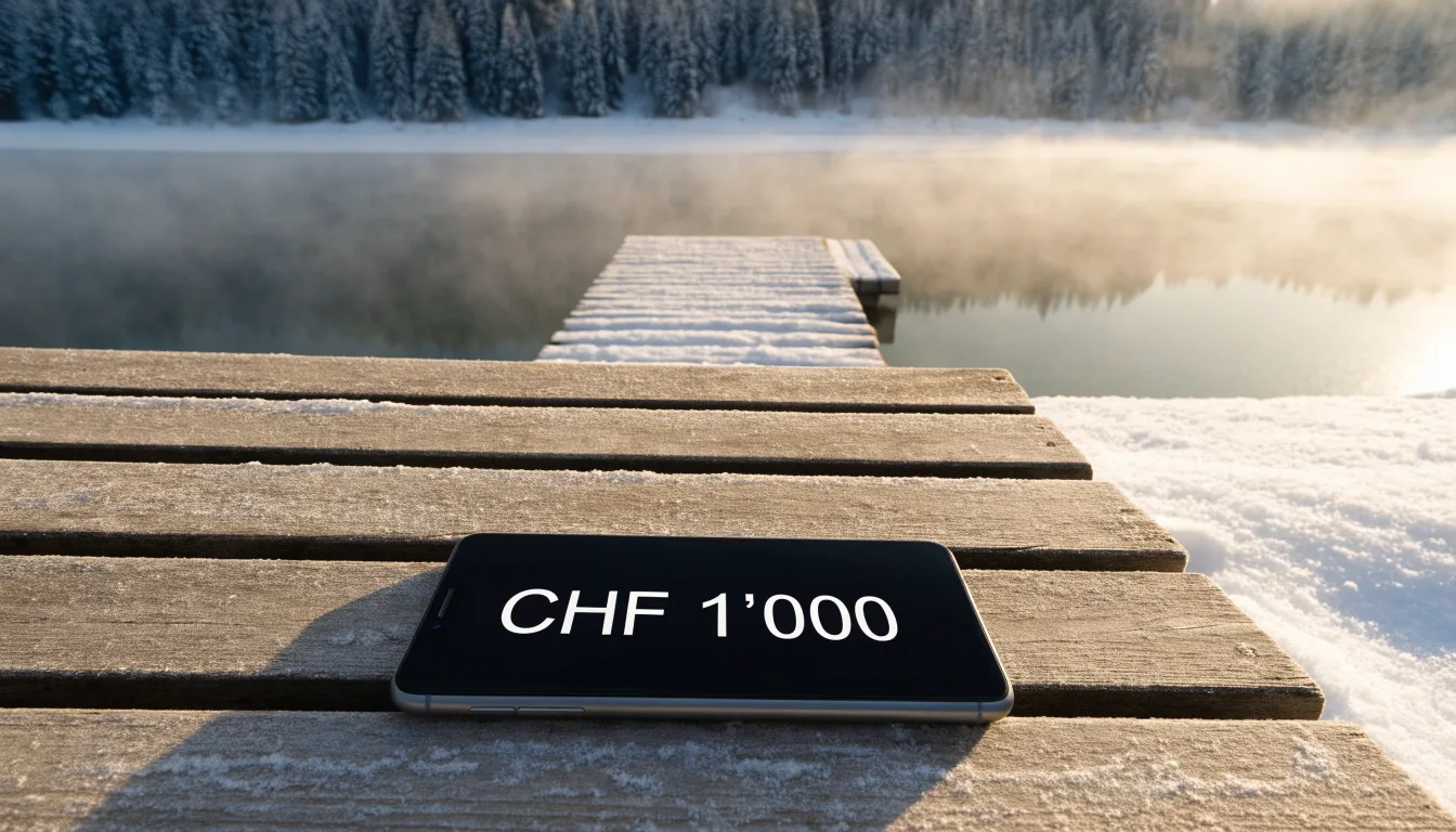 Ein zugefrorener Bergsee im Morgendunst, am Ufer steht eine einsame Holzbank zwischen verschneiten Tannen.
