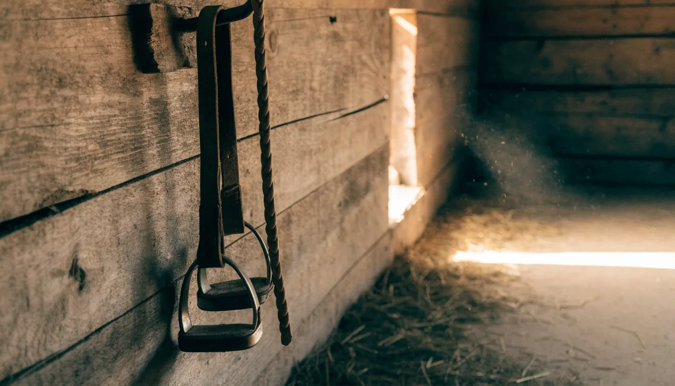Lederne Steigbügel und ein Zügel hängen an einer Holzwand in einem ruhigen Stall, Heu liegt im Licht eines kleinen Fensters.