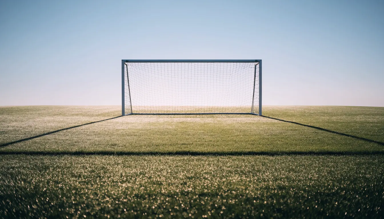 Ein Fussballtor mit Netz in der Totalen auf einem leeren Platz, Tau glänzt im Gras und die Morgensonne steht tief.