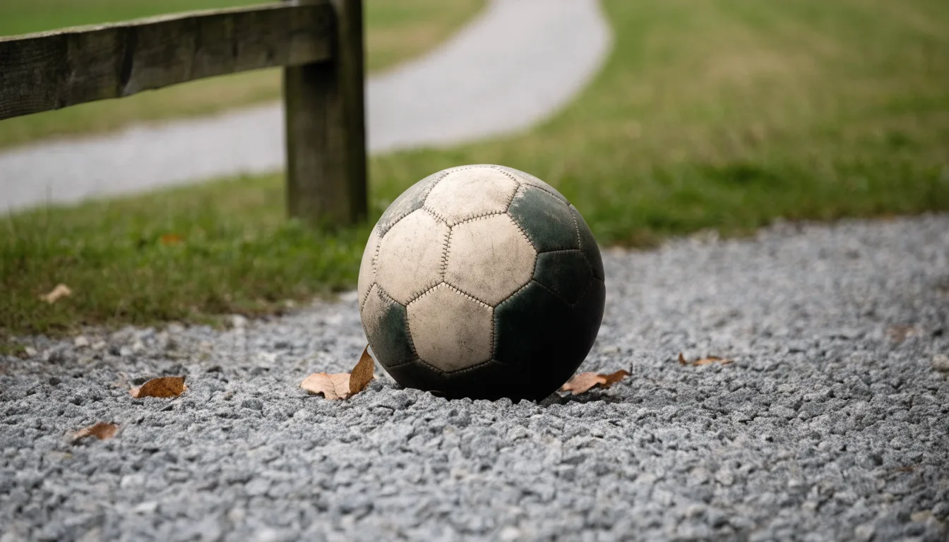 Ein abgenutzter Fussball liegt auf einem Kiesweg neben dem Eingang eines Vereinsplatzes, Laub liegt auf dem Boden.