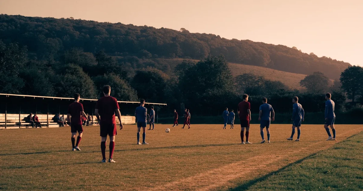Ein kleiner Fussballplatz mit einfacher Holztribüne und Rasenstreifen am Rand einer Ortschaft, im Hintergrund ein bewaldeter Hügel im Abendlicht.