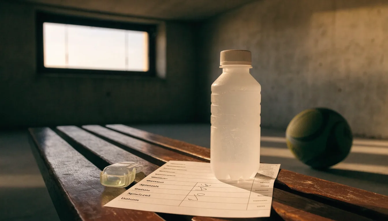 Ein Mundschutz liegt auf einer Holzbank neben einer Trinkflasche in einer schlichten Kabine, durch das Fenster fällt Morgenlicht.
