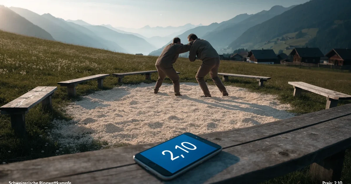 Ein kreisrunder Sägemehlring auf einer Wiese in den Voralpen, leere Holzbänke ringsum, im Hintergrund Berge im Morgenlicht.