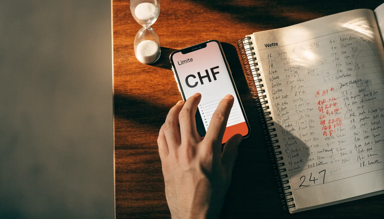 Eine Sanduhr steht auf einem Holztisch neben einem umgedrehten Smartphone, warmes Licht fällt von der Seite ein.