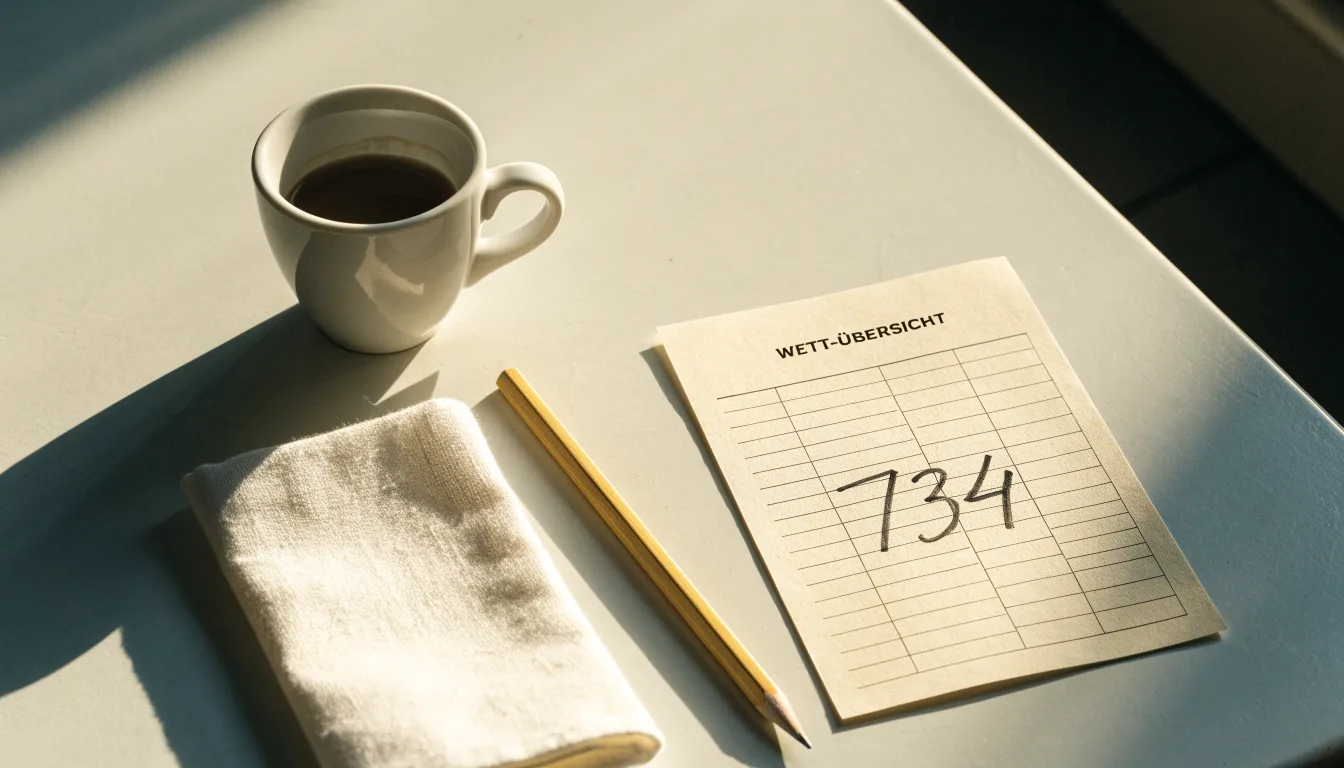 Eine Espressotasse und ein Bleistift liegen auf einem Caféhaustisch neben einer gefalteten Stoffserviette im Licht der Morgensonne.