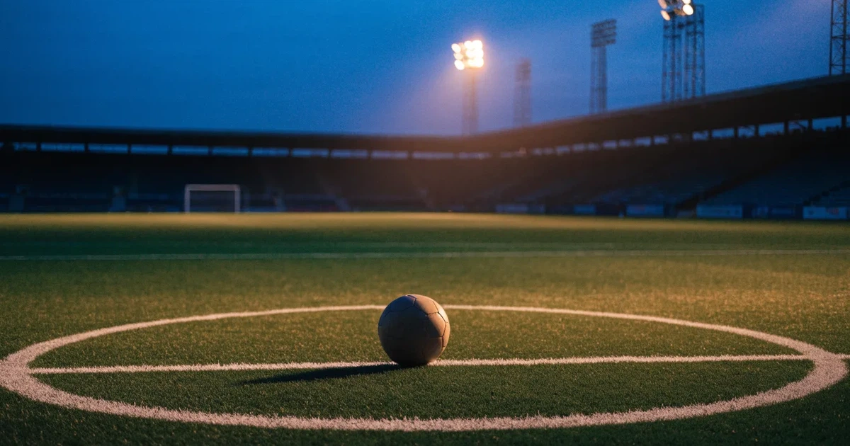 Ein Fussball liegt auf dem Anstosspunkt eines leeren Rasenplatzes in der Abenddämmerung, dahinter leuchten Flutlichtmasten über einer Tribüne.