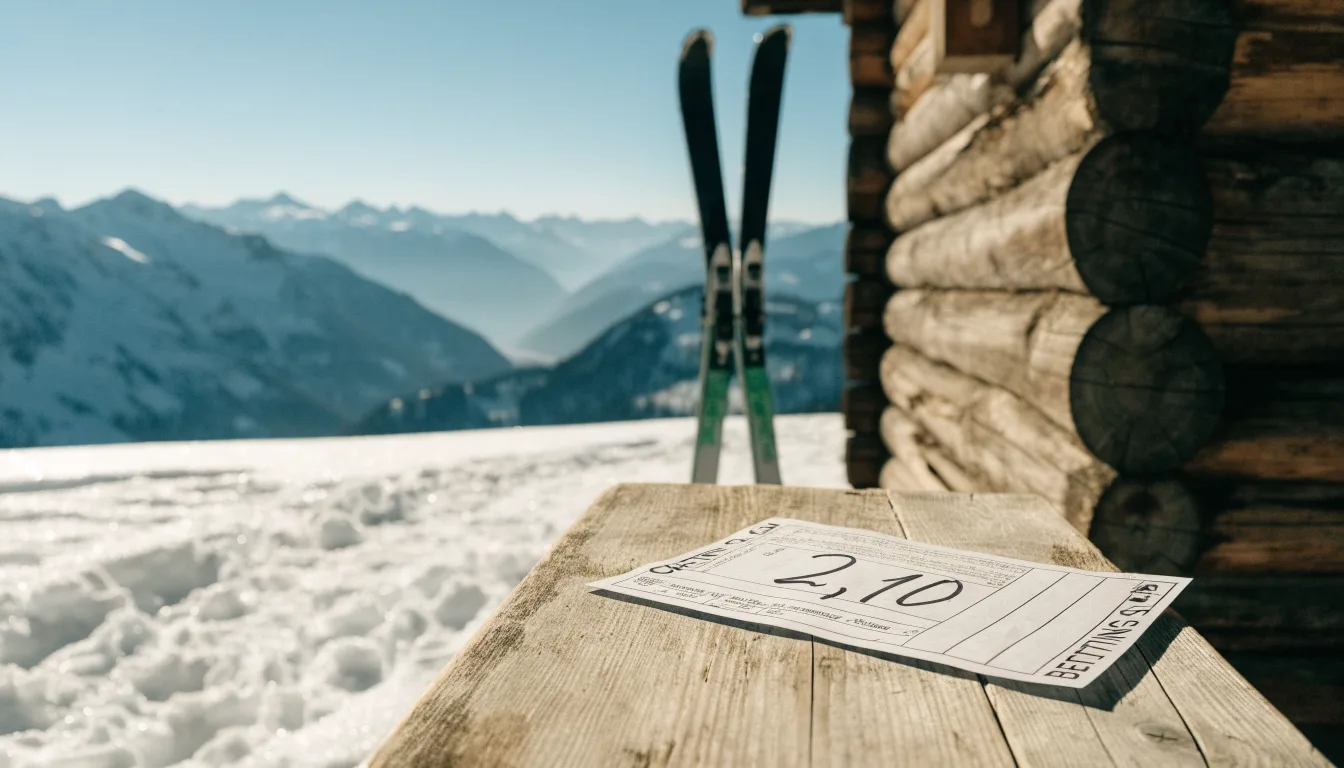 Zwei Skier stecken aufrecht im Schnee neben einer Holzhütte, dahinter ein weites Alpenpanorama bei klarem Himmel.