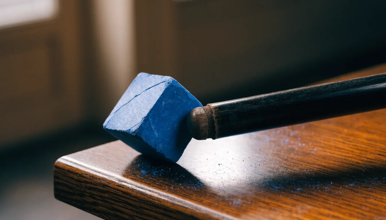 Ein blauer Kreidewürfel und eine Queuespitze liegen am Rand eines Holztischs im weichen Seitenlicht.