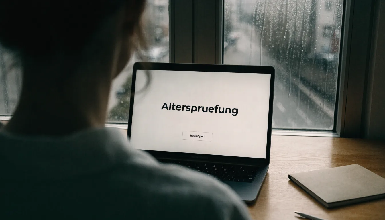 Eine Garderobe aus Holz mit einem dunklen Regenschirm in einem stillen Korridor, am Fenster rinnt Regen herunter.
