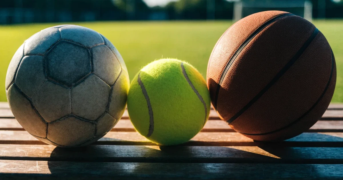 Drei Sportbälle, ein Fussball, ein Tennisball und ein Basketball, liegen nebeneinander auf einer Holzbank.