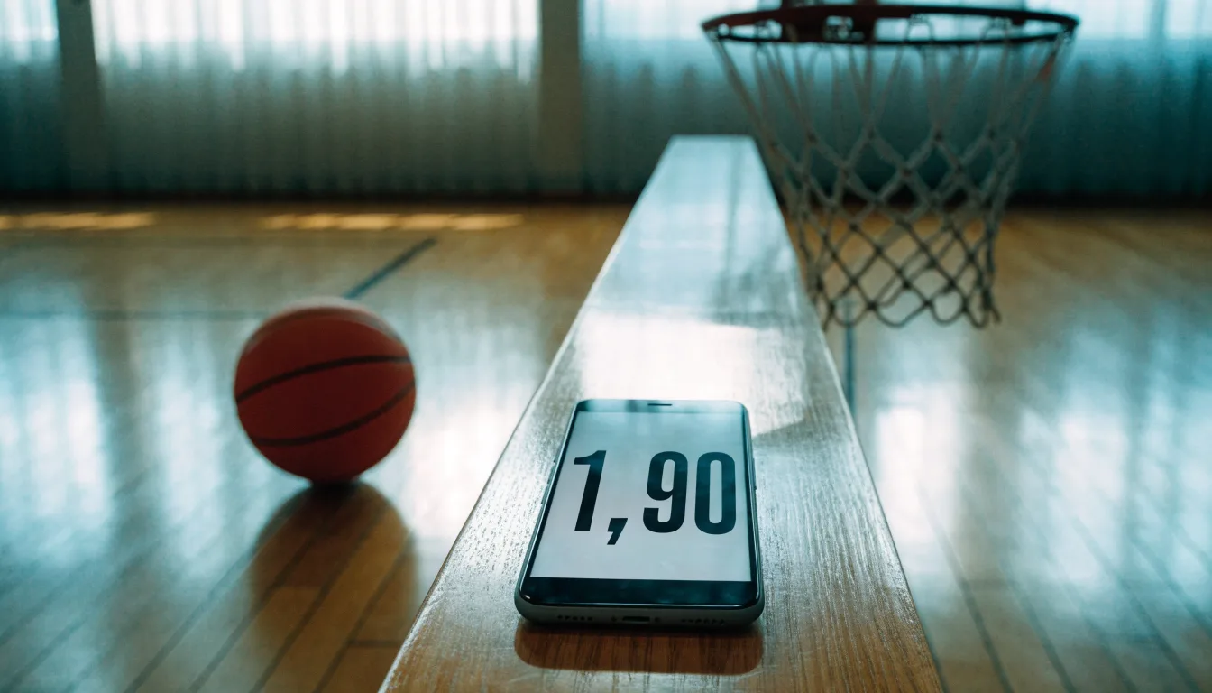 Ein Basketballkorb hängt in einer leeren Turnhalle, durch hohe Fenster fällt Licht auf das Holzparkett.