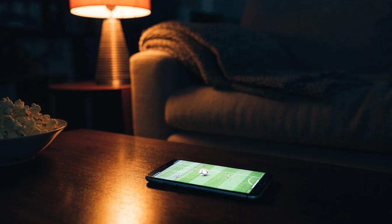 Ein Sofa mit Wolldecke und eine Schale Popcorn auf dem Couchtisch in einem Wohnzimmer bei Lampenlicht am späten Abend.