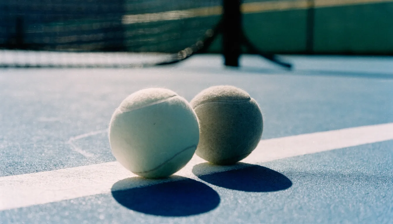 Zwei Tennisbälle liegen auf der weissen Grundlinie eines Hartplatzes im grellen Sonnenlicht.