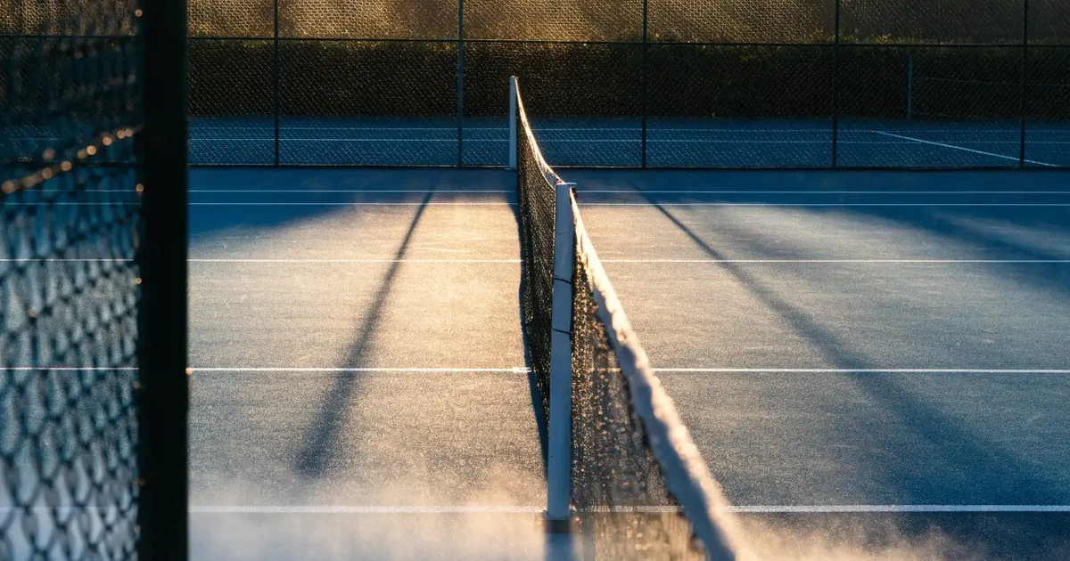 Ein leerer Tennisplatz im Morgengrauen, der Netzschatten fällt lang über den Platz, über der Grundlinie liegt leichter Nebel.