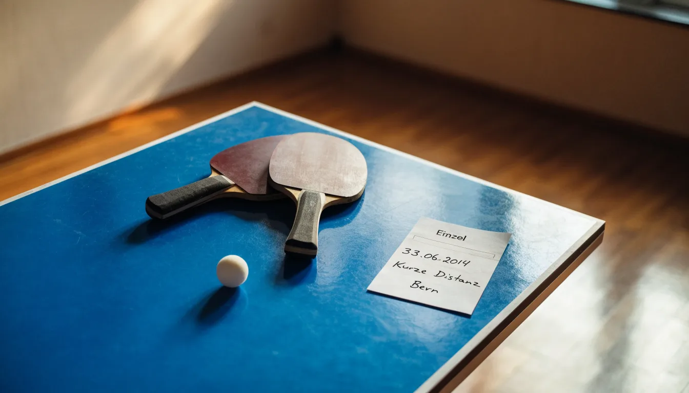Zwei Tischtennisschläger liegen gekreuzt am Rand einer Platte, daneben ein kleiner weisser Ball.