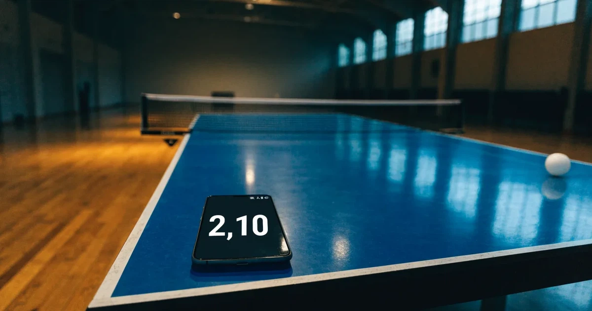 Eine Tischtennisplatte mit Netz in einer leeren Sporthalle, ein heller Ball liegt auf einer Seite, Deckenlicht spiegelt sich im Hallenboden.