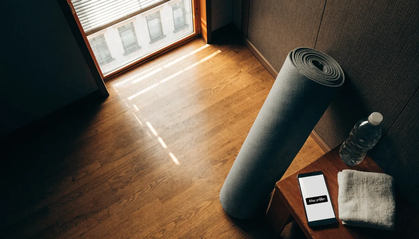 Eine zusammengerollte Trainingsmatte in der Ecke eines leeren Fitnessraums, durch hohe Fenster fällt Morgenlicht.