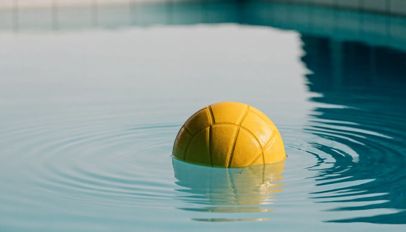 Ein gelber Ball treibt auf ruhigem türkisfarbenem Beckenwasser, feine Wellen im weichen Licht.