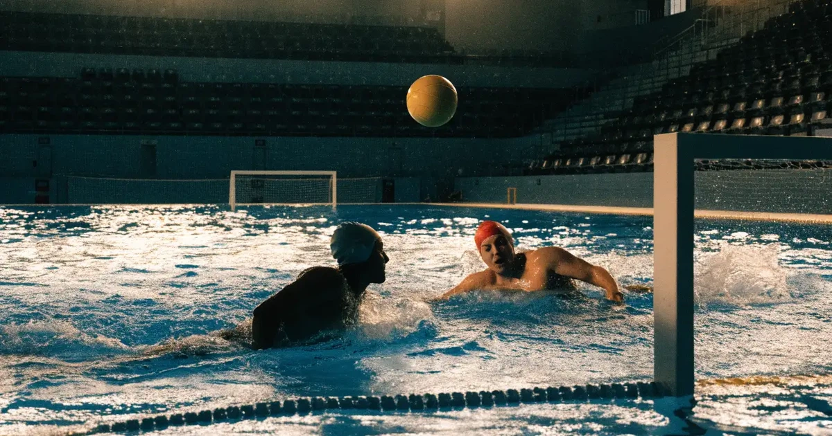 Ein Wasserballbecken am Abend mit zwei schwimmenden Torrahmen an den Enden, ruhiges blaues Wasser, leere Ränge.