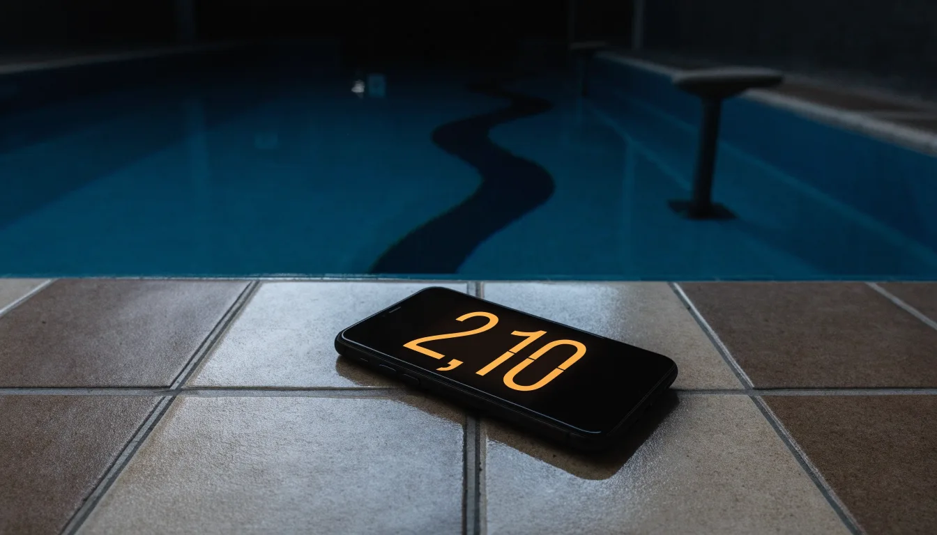Ein Bademeisterstuhl neben einem Hallenbad zur Schliesszeit, gedimmtes Licht, glatte Wasseroberfläche.