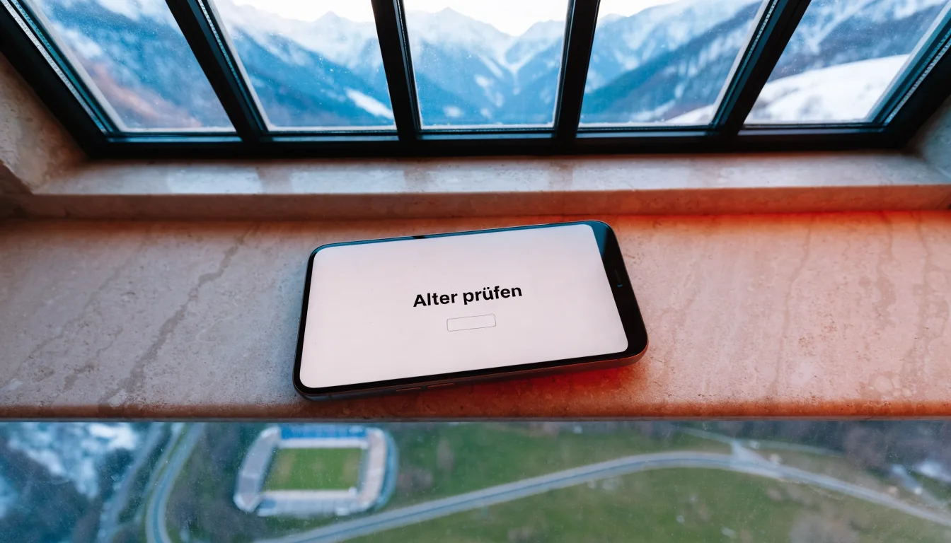 Schneebedeckte Berge erheben sich hinter einem Fussballstadion in einem Schweizer Tal, davor liegt eine leere Strasse im Morgenlicht.