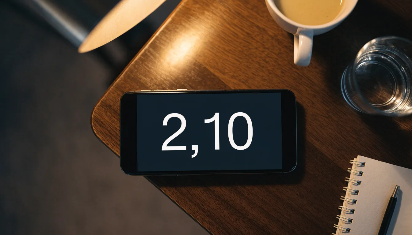 Ein Smartphone mit dunklem Display liegt neben einer Kaffeetasse und einem Glas Wasser auf einem Holztisch im Licht einer Lampe.