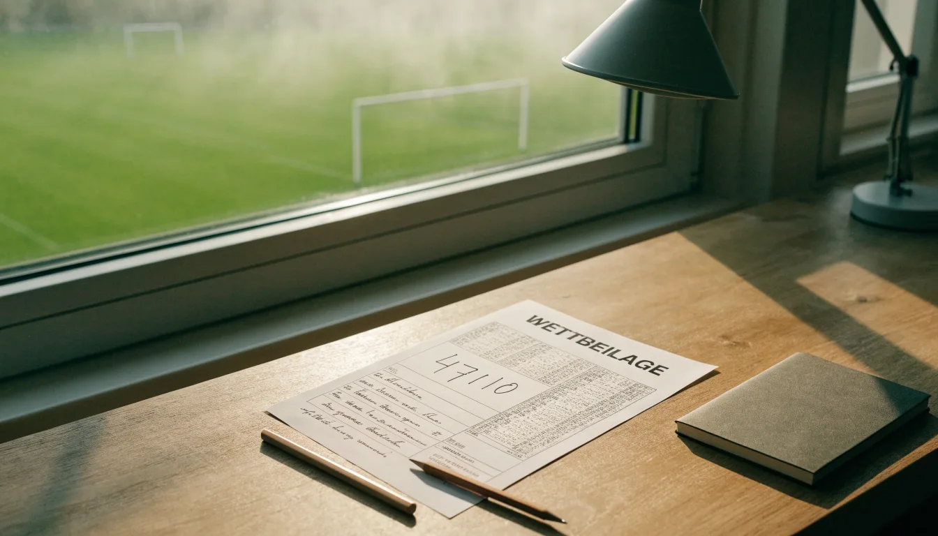 Ein Schreibtisch am Fenster mit Schreibtischlampe, Bleistift und leerem Block, draussen liegt ein Fussballplatz im Dunst.