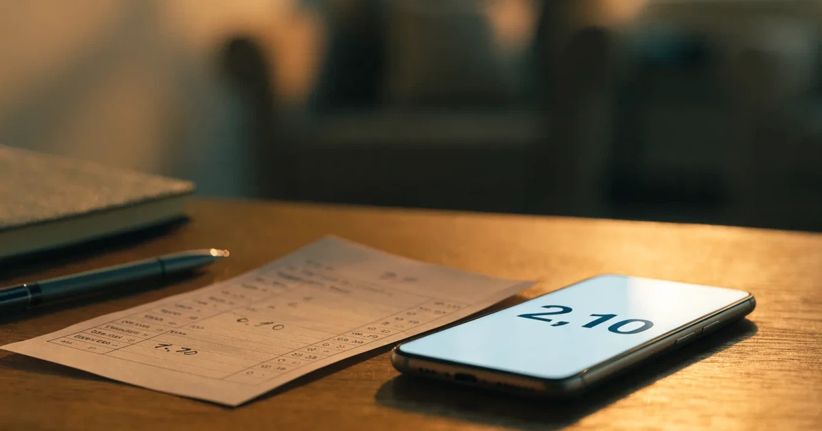Ein kleines Geschenk mit Schleife steht auf einem Holztisch neben einem Smartphone mit dunklem Display im Seitenlicht.