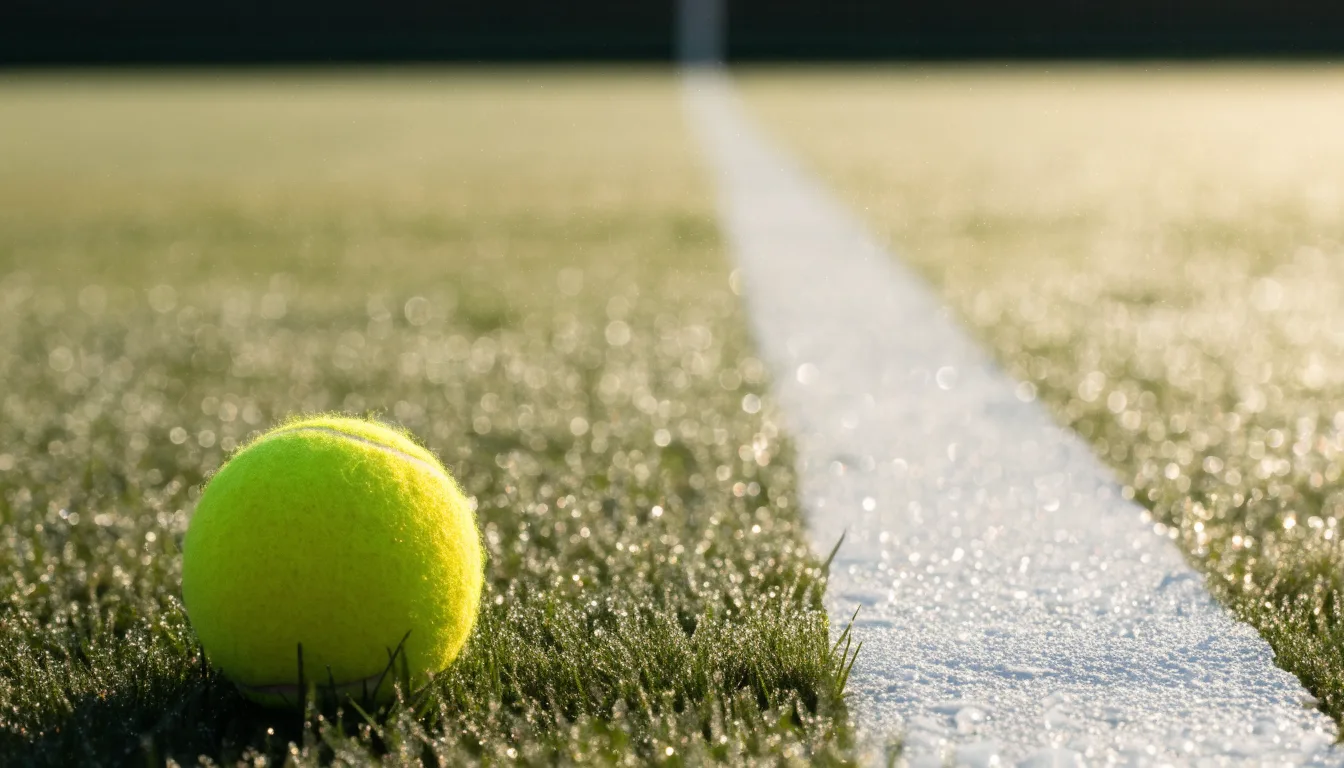 Ein gelber Tennisball liegt im Gras neben der weissen Grundlinie, Tau glitzert auf den Halmen im flachen Sonnenlicht.
