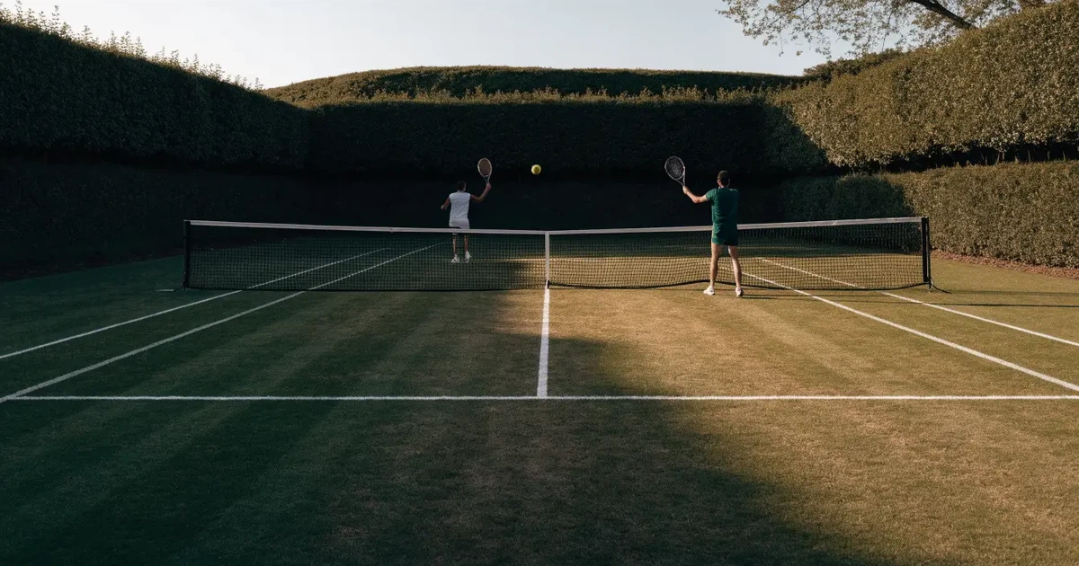 Ein Tennisplatz aus Rasen im ersten Morgenlicht mit frisch gezogenen Linien, einem Netz und einem leeren Schiedsrichterstuhl, dahinter hohe Hecken.