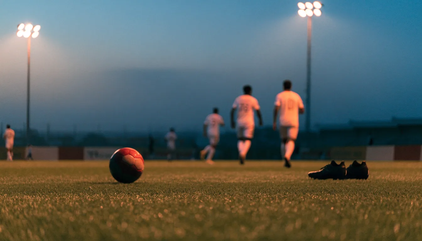 Ein Fussball und ein Paar Stollenschuhe stehen am Rand eines Kunstrasenplatzes, Flutlichtmasten ragen in den Abendhimmel.