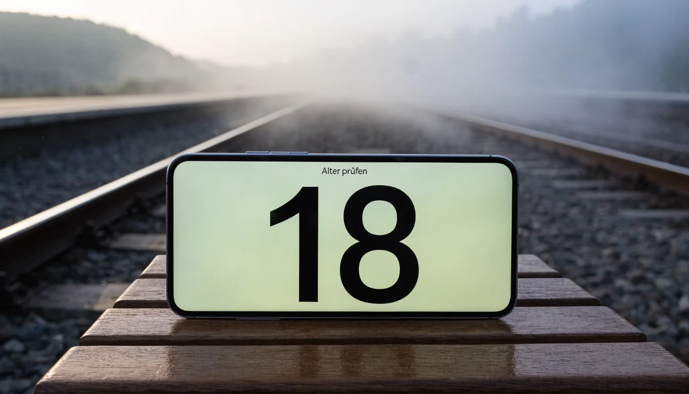 Ein leerer Bahnsteig mit einer Holzbank im Morgennebel, dahinter sanfte Hügel.