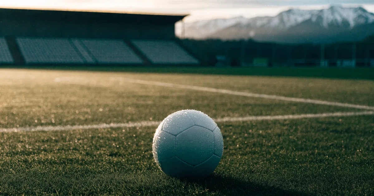Ein Fussball liegt am frühen Morgen auf dem Rasen eines leeren Fussballfeldes, dahinter eine kleine Tribüne und schneebedeckte Berge.