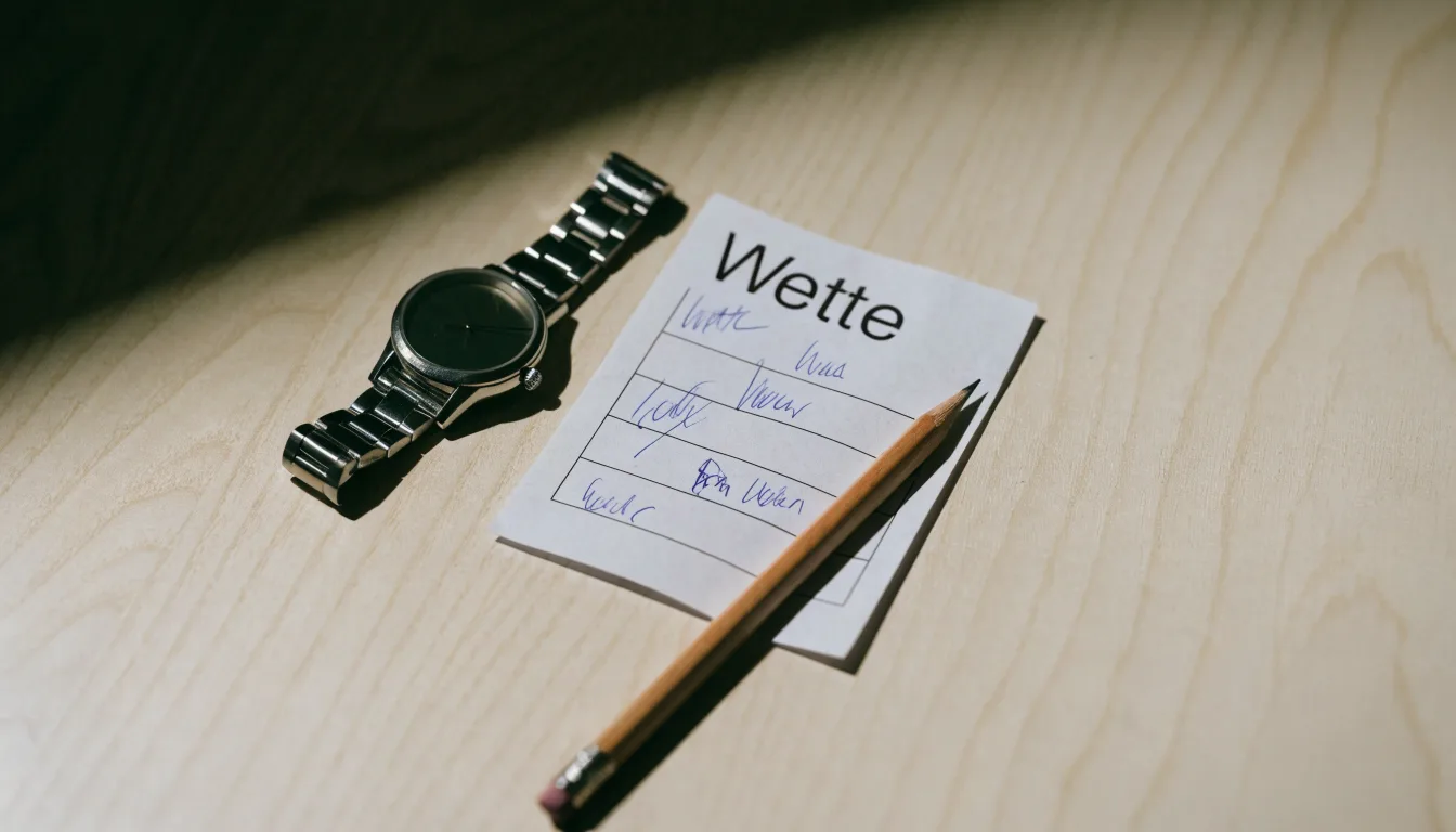 Eine Armbanduhr und ein gespitzter Bleistift liegen auf einem hellen Holztisch im Licht einer Schreibtischlampe.
