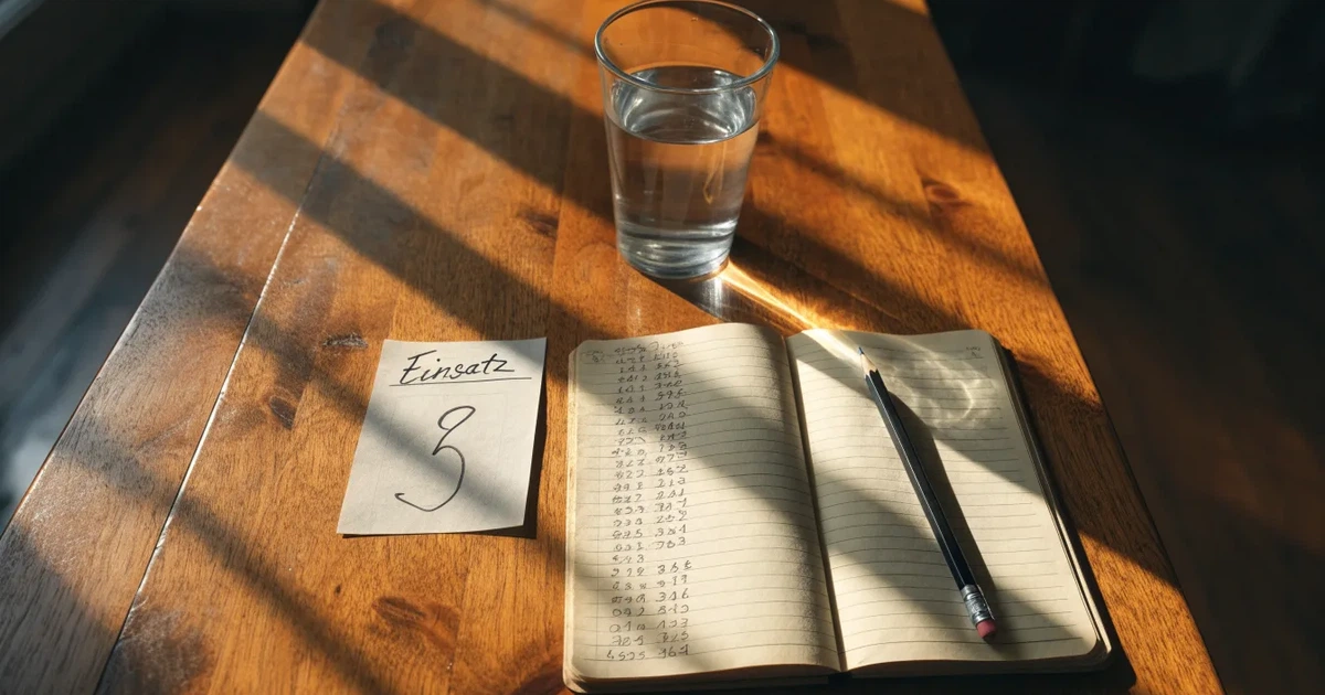 Ein Taschenrechner und ein Bleistift liegen auf einem Holztisch, daneben steht ein halb gefülltes Glas Wasser.