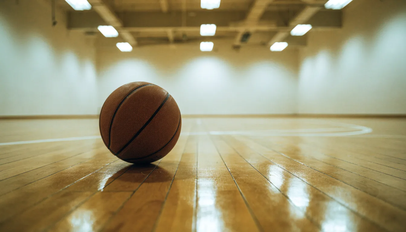 Ein Basketball liegt auf dem Parkett einer leeren Sporthalle im Licht der Deckenlampen.