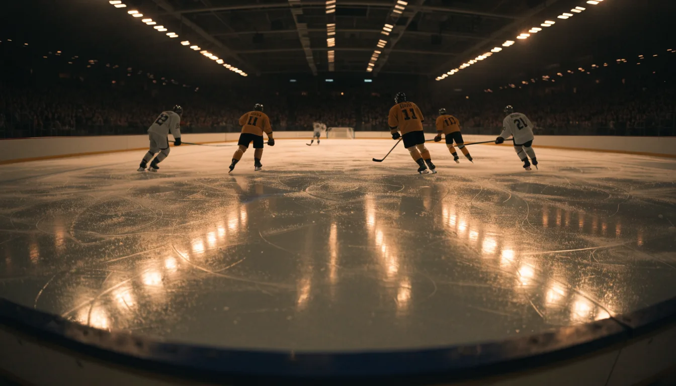 Ein Eishockeyschläger lehnt an der Bande einer leeren Halle, auf dem Eis spiegeln sich die Deckenlampen.