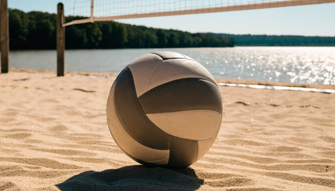 Ein Volleyball liegt auf dem Sand eines Strandfeldes am Seeufer, im Hintergrund glitzert das Wasser.