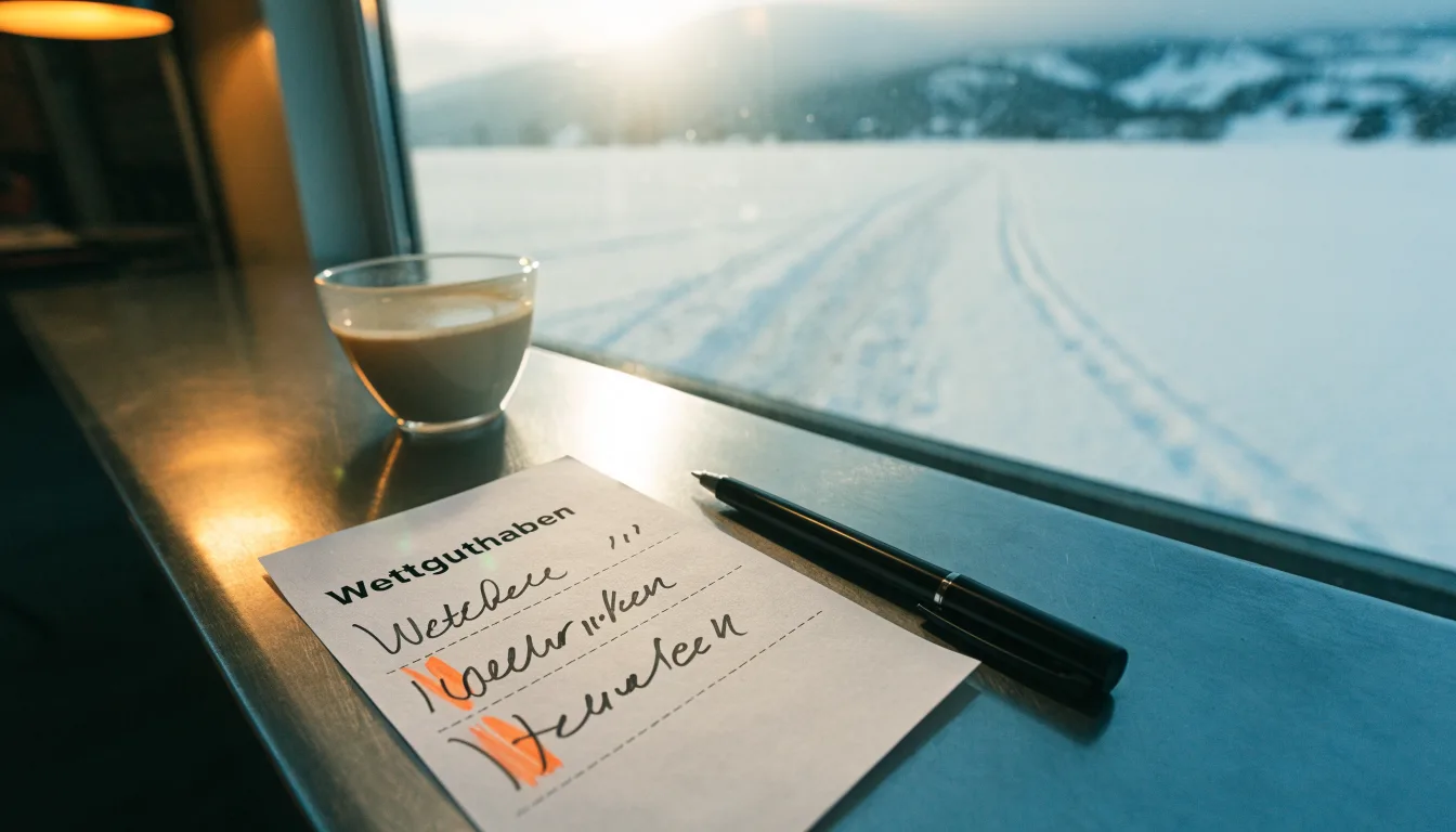 Eine Skisprungschanze ragt aus der Ferne gesehen in den Morgennebel, davor ein verschneites Feld.
