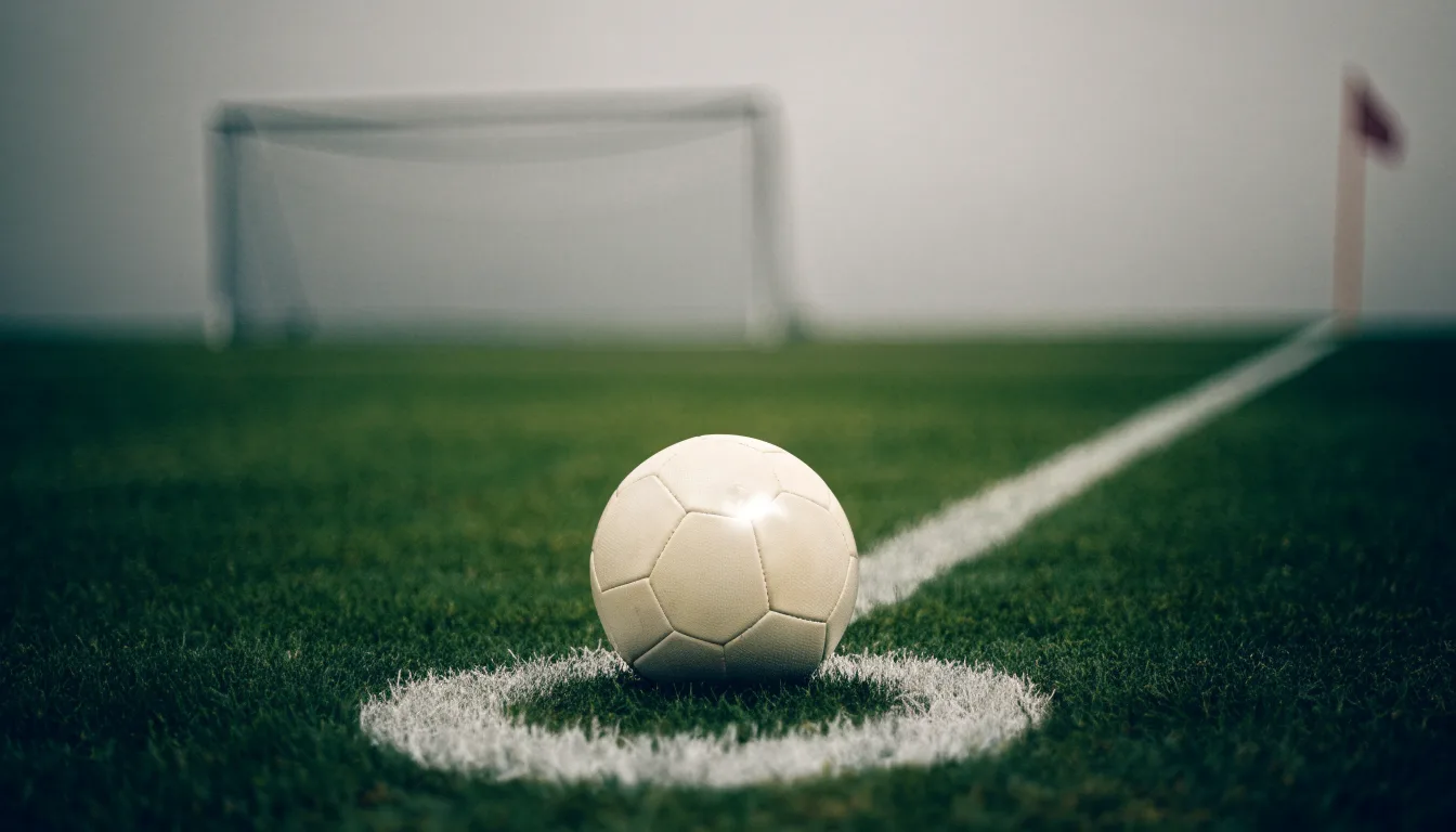 Ein einzelner Fussball liegt auf dem Elfmeterpunkt eines leeren Strafraums, der Rasen glänzt nass.